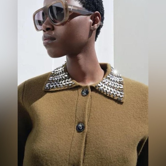 Zara ZW Collection 100% Wool Jewel Collar Cardigan Size XL - Picture 3 of 16